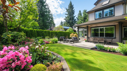 Fototapeta premium Beautiful backyard landscape design, cozy patio area with flowers, grass, hedges, and a sitting area 