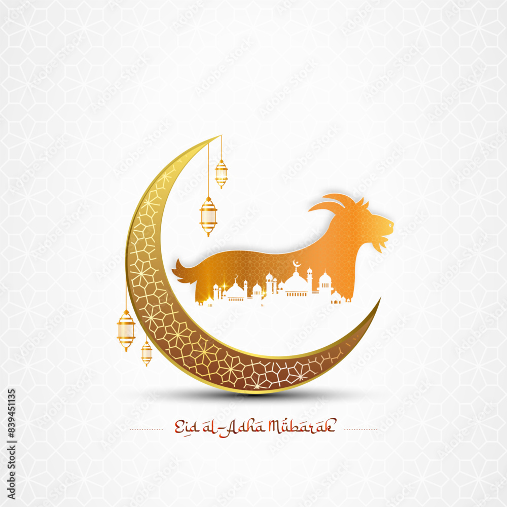 Wall mural goat, moon and mosque background for eid al-adha holiday. arab islam muslim festival of sacrifice.