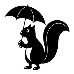 A squirrel holding an umbrella  vector silhouette on white background 