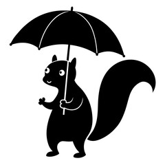 A squirrel holding an umbrella  vector silhouette on white background 