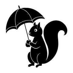 A squirrel holding an umbrella  vector silhouette on white background 