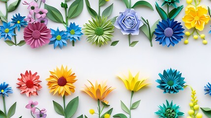 Vibrant Handmade Paper Flower Border with Botanical Leaves Arrangement on White Background
