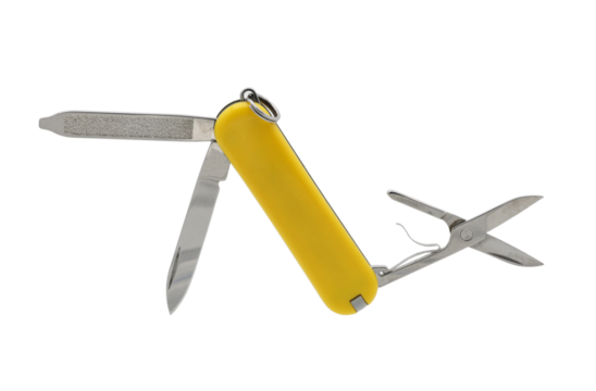 Yellow multipurpose knife on transparent background (PNG File)