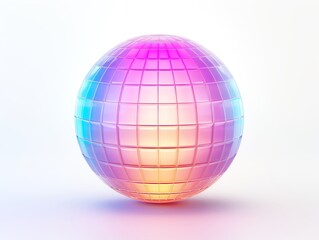 A vibrant, iridescent sphere with a grid pattern, illuminated from within. The sphere casts a colorful glow on the white background.