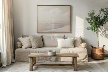 A simple modern living room with a sofa, coffee table and large framed artwork on the wall.