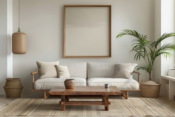 A simple modern living room with a sofa, coffee table and large framed artwork on the wall.