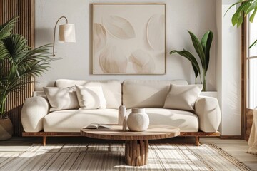 A simple yet elegant living room with soft, neutral tones and wooden furniture. The sofa is covered in light beige linen fabric