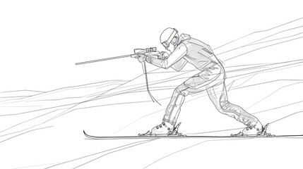 Continuous Line Drawing of Biathlete Skiing and Shooting in Winter Landscape