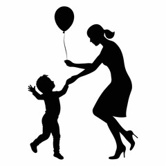 Mother playing with her child with a balloon vector silhouette on white background 