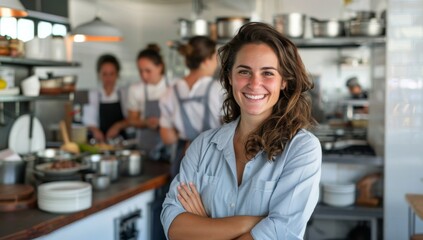 A smiling female restaurant owner standing in her kitchen with arms crossed. People working behind the counter out of focus in the background