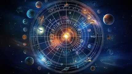 Zodiac astrological chart with planets in outer space