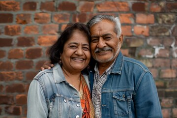 Portrait of a joyful indian couple in their 50s sporting a rugged denim jacket in vintage brick wall