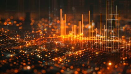 A stock market graph with orange and black lines, representing the financial performance of a company over time. The background is blurred to focus on the detailed upward trend in the trading data.