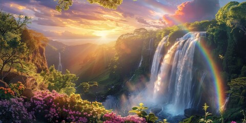 Rainbow and waterfall scene in a serene environment