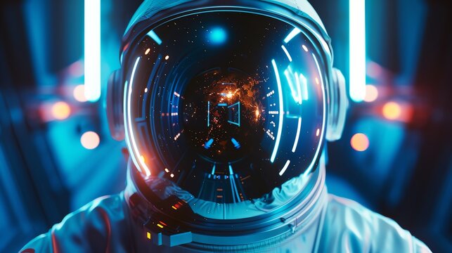 Close-up shot of a sleek space helmet reflecting cosmic scenery, decorated with internet meme icons and elements of surrealism, in a photorealistic CG 3D style