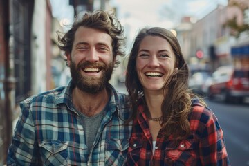 Fototapeta premium Portrait of a grinning caucasian couple in their 30s dressed in a relaxed flannel shirt in busy urban street