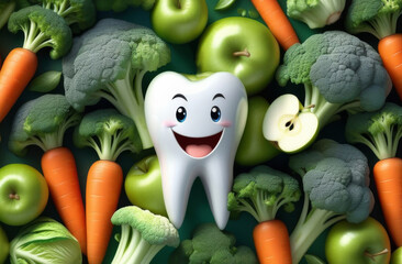 Cartoon cheerful tooth on the background of vegetables and fruits