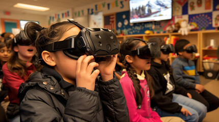 Fototapeta premium Children in a classroom using VR headsets for immersive learning experiences.
