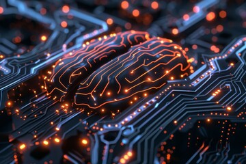 AI brain with interconnected data nodes, deep learning algorithms as glowing lines futuristic look