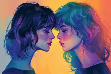 A couple both with rainbow hair, looking into each other eyes with love and affection.