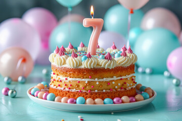 A birthday cake with a candle shaped like the number seven, perfect for celebrations