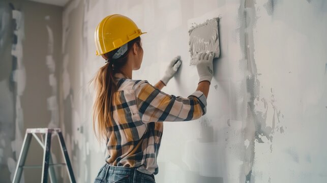A woman applies joint compound to a wall using a spatula