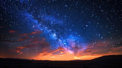 Fototapeta premium A breathtaking night sky filled with stars and the Milky Way galaxy, set against a colorful sunset over a dark landscape.