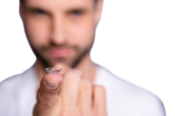 Close up photo of charming lovely serious focused guy have medical service want good eye vision look perfect index finger wear white clothing isolated grey background
