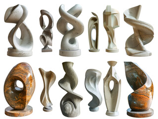 Collection of abstract stone sculptures showcasing various shapes and textures, perfect for modern art enthusiasts and collectors.transparent, png,