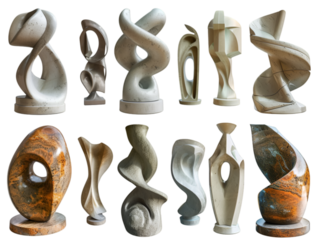 Collection of abstract stone sculptures showcasing various shapes and textures, perfect for modern art enthusiasts and collectors.transparent, png,