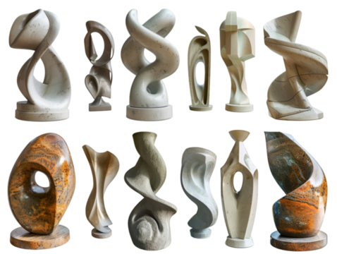 Collection of abstract stone sculptures showcasing various shapes and textures, perfect for modern art enthusiasts and collectors.transparent, png,