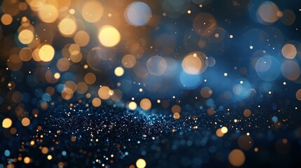 Golden light shine particles bokeh on navy blue background. Holiday. Abstract background with Dark blue and gold particle, shine, bright, sparkle, magical, glittering, texture, effect, space