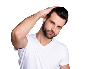 Close up photo amazing he him his macho perfect appearance touch arm hand neat head haircut calm not smiling ponder pensive look mirror bath shower wear casual white t-shirt isolated grey background