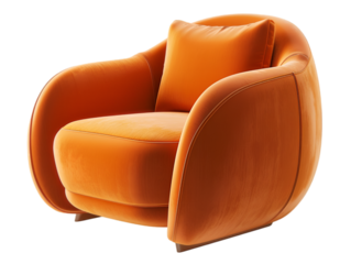 Luxurious modern orange armchair with plush cushion, perfect for living room decor and interior design inspiration.transparent, png,