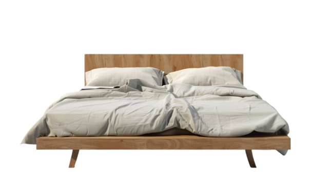 Wooden double bed with white bedding and pillows, isolated on a white background, perfect for home decor and furniture design projects.transparent, png,