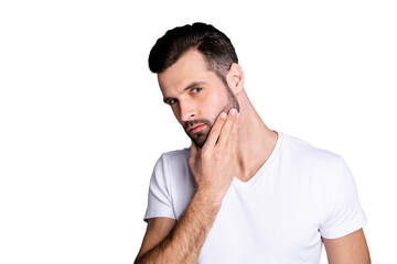 Close up photo amazing he him his macho perfect appearance touch arm hand neat bristle face calm...