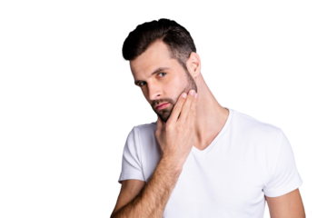 Close up photo amazing he him his macho perfect appearance touch arm hand neat bristle face calm not smiling ponder pensive look mirror bath shower wear casual white t-shirt isolated grey background
