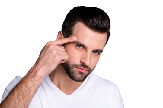 Close up photo amazing he him his macho perfect appearance touch hand temple not sure good quality stylist work not smiling look mirror bath shower wear casual white t-shirt isolated grey background