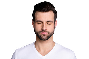 Close up photo amazing he him his macho perfect ideal appearance bristle easy-going person eyes...