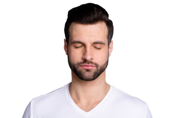 Close up photo amazing he him his macho perfect ideal appearance bristle easy-going person eyes closed calm not talk tell speak say smile refreshment wear casual white t-shirt isolated grey background