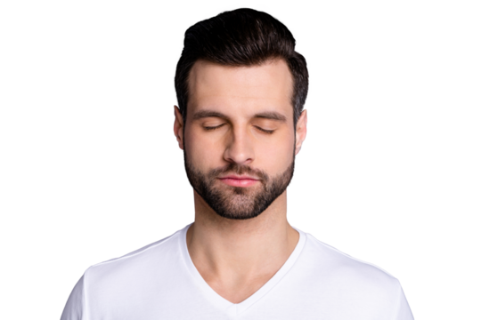 Close up photo amazing he him his macho perfect ideal appearance bristle easy-going person eyes closed calm not talk tell speak say smile refreshment wear casual white t-shirt isolated grey background