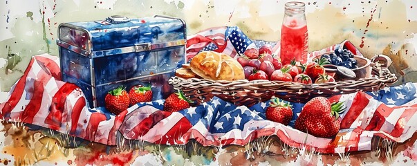 Fototapeta premium Patriotic picnic with a vintage cooler, American flag blankets, and classic picnic foods, Realistic, Bright and colorful, Classic and inviting