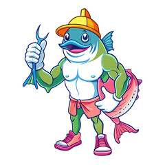 logo mascot. muscular tuna fish clothes cleaning service, thumbs up ok. wearing hat and shoes.