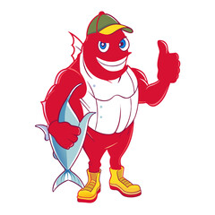 logo mascot. muscular tuna fish clothes cleaning service, thumbs up ok. wearing hat and shoes.