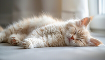 In front of a window, a small cat is peacefully sleeping on its back on the floor