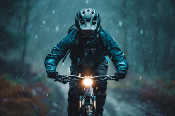 Man riding bicycle in the rain alone
