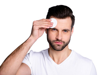 Fototapeta premium Close up photo amazing he him his macho hairdo after barber shop stylist visit clean facial perfect ideal skin moisturizer look mirror bath shower wear casual white t-shirt isolated grey background