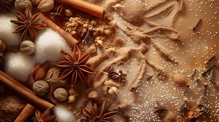 Kitchen background. Spices artistically scattered on the surface, top view. Close up.
