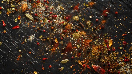 A mixture of different Indian spices close up. Textures of colorful spices and condiments. Colorful Herbal and Spices Oriental.