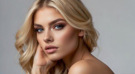 Fototapeta premium Blonde woman model wearing trendy clothes and makeup, model in trendy dress, photoshoot
